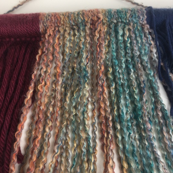 Boho Yarn Tapestry Bamboo Wall Hanging Blue Burgandy Rainbow Hand Crafted - Picture 9 of 9